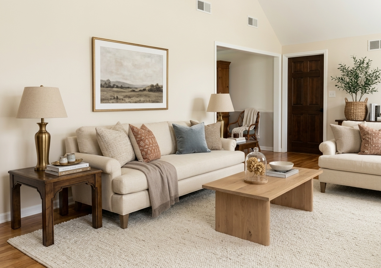 The same living room redesigned by StyledSpace in a warm transitional style